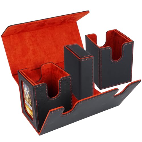 AFIING Mtg deck box with commander display- Fits 200 Double Sleeved Cards,3-in-1Card Deck Case,Strong Magnet Card Organizer For Magic Commander TCG CCG,4Dividers &2 Toploaders, Black/Red - color: Black Red