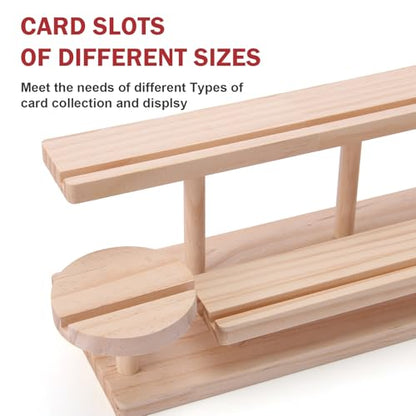 Wooden Trading Card Display Stand, 3-Tier Card Holder for Graded, Sports and TCG Cards, Tabletop Display Holder, Rustic Solid Wood Shelf Stand for Basketball Football Hockey(Wood Grain)