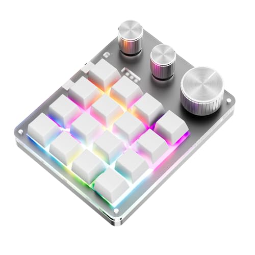 Programmable Macro Keyboard, 16 Keys 3 Knob Mini Mechanical Gaming Keypad Multifunctional Macropad with USB Wired Bluetooth Mode Volume Controller (White) - color: White