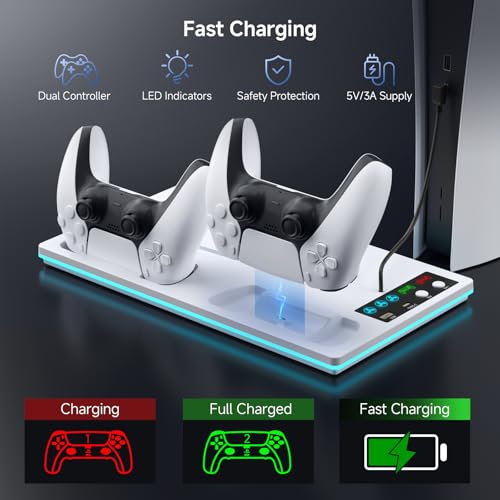 PS5/Slim/Pro Stand and Cooling Station with LED Controller Charging Station for PlayStation 5 Console,Accessories Incl.Controller Charger, PS5 Cooling Fan,USB Hub - color: Line RGB-White