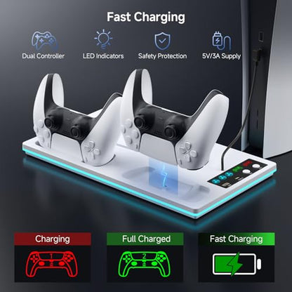 PS5/Slim/Pro Stand and Cooling Station with LED Controller Charging Station for PlayStation 5 Console,Accessories Incl.Controller Charger, PS5 Cooling Fan,USB Hub - color: Line RGB-White
