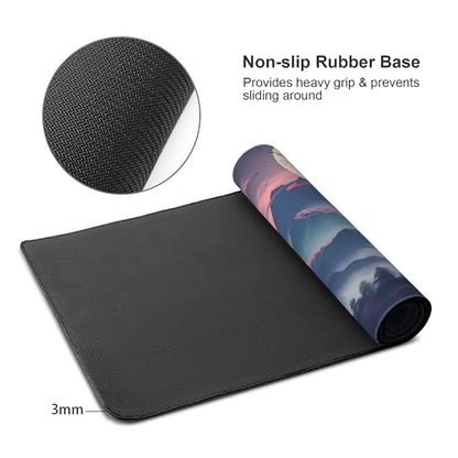 Japanese Landscape Gaming Mouse Pad, 35.4 x 15.7 inches, Extended Desk Mat with Non-Slip Base, Cherry Blossom Design - color: Pink Mountain Night View