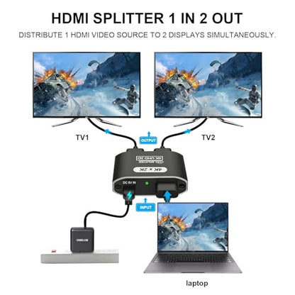 HDMI Splitter 1 in 2 Out, 4K@30Hz HDMI Splitter for Dual Monitors, Aluminum Powered HDM I Spliter for Mirror Screen,1x2 Duplicator Support 3D HD 1080P for Fire Stick Xbox PS Roku Blu-ray Cable Box