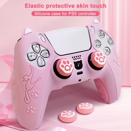 Pink Cat Ear PS5 Controller Cover - Cute Silicone Skin with Cat & Paw Prints + 2 Matching Cat Paw Thumbstick Caps | Kawaii Non-Slip Grip for PlayStation 5 Controller - color: Light Pink