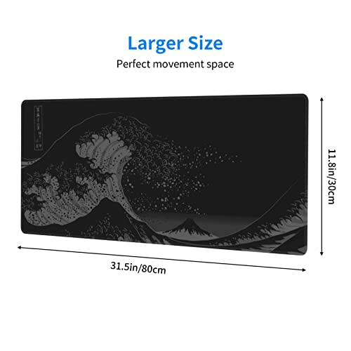 Wave Off Kanagawa Mouse Pad XL Extended Desk Mat, Computer Mousepad | Japanese The Great Wave Off Kanagawa Non Slip Rubber, Base Stitched Edge, Gaming Pc Large Mice Pad 31.5 x 11.8 Inch - color: Black11