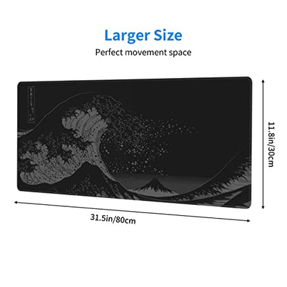 Wave Off Kanagawa Mouse Pad XL Extended Desk Mat, Computer Mousepad | Japanese The Great Wave Off Kanagawa Non Slip Rubber, Base Stitched Edge, Gaming Pc Large Mice Pad 31.5 x 11.8 Inch - color: Black11