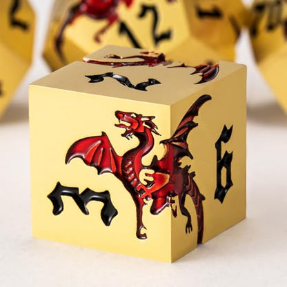 Metal DND Dragon Dice Set,D&D Polyhedral Dice with Dragon for Dungeons and Dragons RPG TTRPG D and D 7-Die Set with Gift Case - color: Dragon-pearl Gold Transparent Red