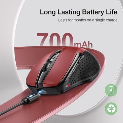 TECKNET Wireless Mouse Rechargeable, 2.4G Computer Mice with USB-A Receiver | 2.4G Connection, 800mAh Battery, 3X Faster Charging, Silent Click, 6-Level 4800 DPI, Ergonomic Design for All-day Comfort - color: Red