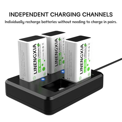 9V 450mAh Li-ion Rechargeable 4-Pack with 4-Slot Charger | 4-Slot Smart Charger, Independent Charging, MCU Protection, for Mics/Multimeters/Alarms, 1200 Cycles