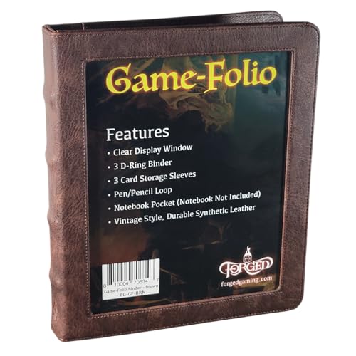 Forged Dice Co. Game-Folio PU Leather Portfolio Binder - Gaming Binder for DND Character Sheets with DND Spell Cards Organizer and Clear Front Pocket - Compatible with Dungeons and Dragons RPG - Brown - color: Brown