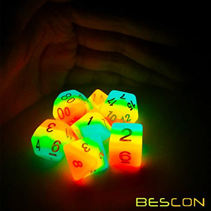 Bescon Fantasy Rainbow Glowing Polyhedral Dice 7pcs Set Midnight Candy, Luminous RPG Dice Set Glow in Dark, Novelty DND Game Dice d4 d6 d8 d10 d12 d20 d% in Brick Box - color: Midnight Candy