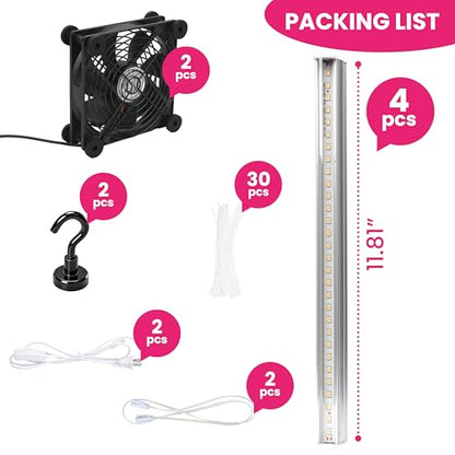 LUVCOSY 4 Pack T5 Grow Light Strips + 2 Pack USB Fans for Indoor Plants, Accessories Set for Indoor Greenhouse Cabinet for IKEA, Full Spectrum Sunlight Grow Lamp & Silent Portable Cooling Fan-ALL IN 1