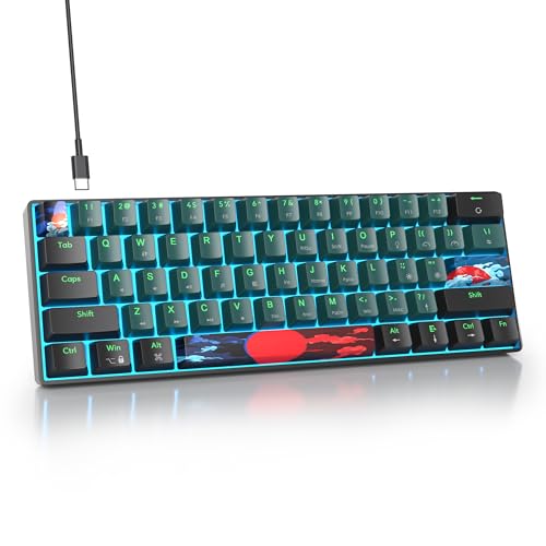 Protable 60% Percent Gaming Keyboard Mechanical, Mini Compact Ice-Blue LED Backlit 61 Keys Wired Office Keyboard with Red Switch for Mac/Win/PS4/PS5（61Green/Red Switch） - color: Ice-blue 61Green/Red Switch