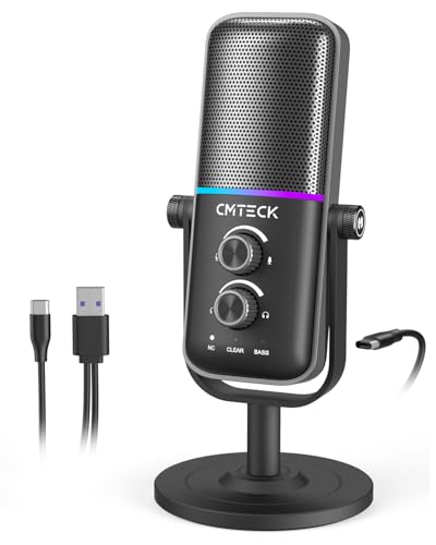 CMTECK USB Microphone for PC, PS4/PS5, Laptop – Computer Microphone with RGB Lighting, Mute Button, Mic Gain, Plug & Play, 3 Sound Modes for Streaming, Podcasting, Recording