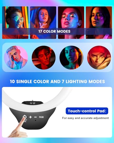 Sensyne 10'' RGB Ring Light with 50'' Extendable Tripod Stand, Circle Lights with Phone Holder for Live Stream/Makeup/YouTube Video/TikTok, Compatible with All Phones - color: RGB, size: 10-inch