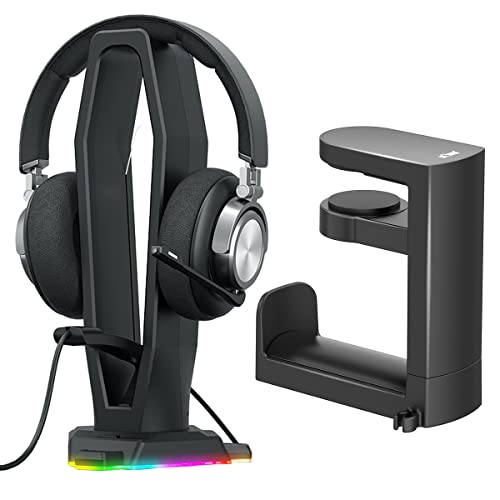 KIWIFOTOS PC Gaming Headphone Holder Under Desk Headset Hanger + 4 in 1 Headphone Stand with Mouse Bungee & RGB Light & USB Port