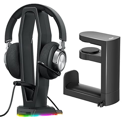 KIWIFOTOS PC Gaming Headphone Holder Under Desk Headset Hanger + 4 in 1 Headphone Stand with Mouse Bungee & RGB Light & USB Port