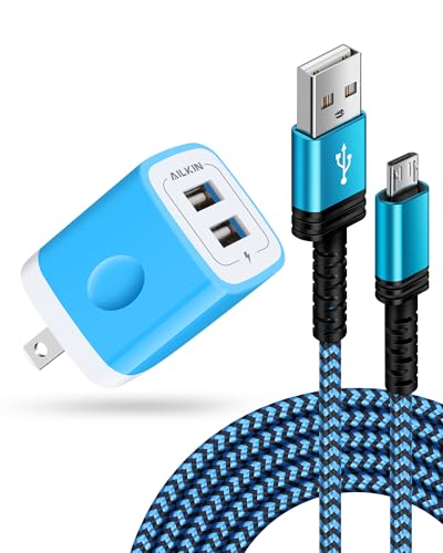AILKIN Micro USB Charger for Kindle Fire Tablets with Dual USB Wall Adapter – Android Charging Cord for Fire 7/8/10, Kids & Kids Pro, Kindle Paperwhite, PS4 Slim, Xbox One S/X, Droid Phone Cargador - color: Blue, style: Micro USB Cable + Block