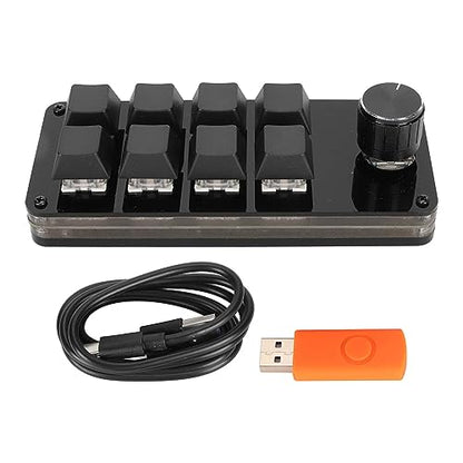 Programmable Macro Keyboard, 8 Key Mini Mechanical Keypad Hot Swappable Blue Switch Acrylic Custom Single Hand Board with 1 Knob, for Gaming PC
