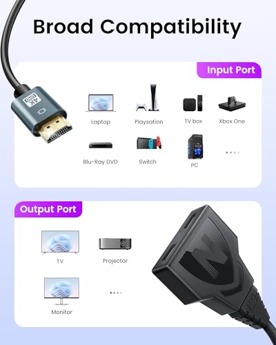 NEWCARE 4K HDMI Cable Splitter 1 in 2 Out with 1.6Ft Fixed HDMI 2.0 Cable-Mirror Display, One Male to Dual Female Support HDTV, LCD, TV, 1080P 3D, Support Two Same Size TVs at The Same Time