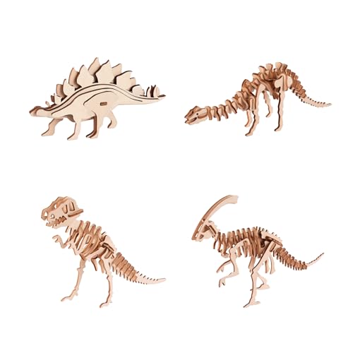 3D Wooden Puzzles for Ages 8+, 4 Pack Dinosaur Puzzles, FSC-Certified Wood, Plastic-Free Toy, STEM Kit for Kids Teens Adults, Wood Craft Model Kit, Individually Wrapped Party Favors - Jurassic Frens - color: Jurassic Frens