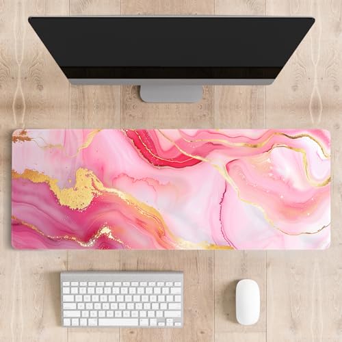 Mousepad Desk Mat Gaming Large Keyboard Cute Office Desktop Computer Laptop Marble XXL Long Giant Big Kawaii Aesthetic Girly Pretty Design Women Girl Gamer Oversized Wide 30x12'' Mousepad - color: Pink Marble
