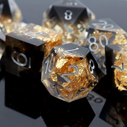 Haxtec DND Dice Set Black Sharp Edge Resin Dice Gold Flakes with Dice Case Black White Gold D&D Dice for RPG Role Playing Games Compatible with Dungeons and Dragons Gift War Series - color: Black Gold
