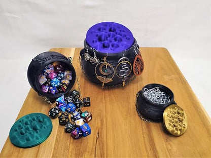 Witch's Cauldron Bowl with Bubbling Potion Lid and Chain - Spooky Halloween Goth Decor - RPG Dice Holder Stash Storage (6in Raven Skull) - size: 6in Raven Skull