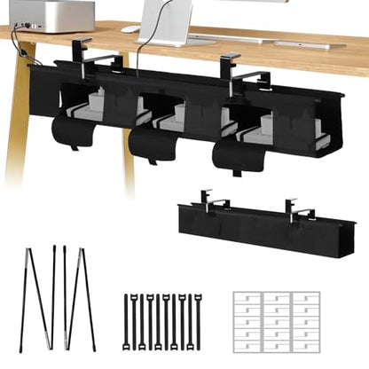 No Drill Under Desk Cable Management Tray - 36" Under Desk Cord Organizer,Clamp/Screw Mount Cable Management, Premium Fabric Cord Hider for Wire Organizer for Office, Home