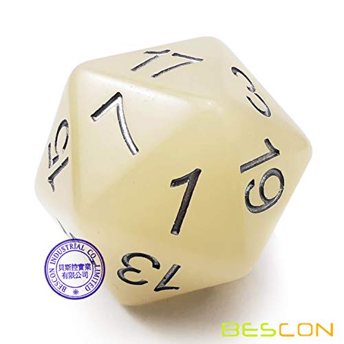 Bescon Jumbo Glowing D20 38MM, Big Size 20 Sides Dice Iced Blue Glow in Dark, Big 20 Faces Cube 1.5 inch - color: Iced Blue Glow in Dark