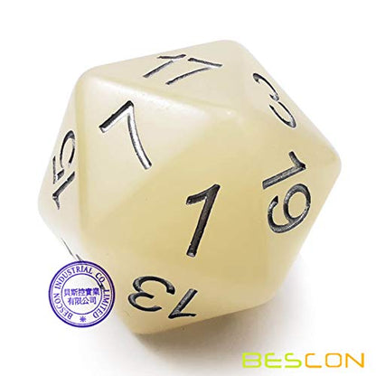 Bescon Jumbo Glowing D20 38MM, Big Size 20 Sides Dice Iced Blue Glow in Dark, Big 20 Faces Cube 1.5 inch - color: Iced Blue Glow in Dark