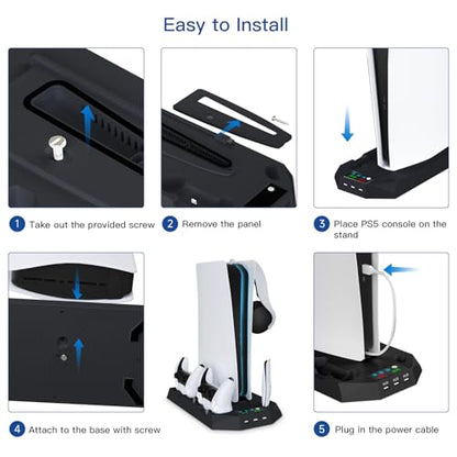 PS5/Slim/Pro Cooling Station for PlayStation 5 Console,PS5 Cooler Fan with Dual PS5 Controller Charger Incl. 3 Level Fans,Headset,3 USB Hubs,PS5/Slim/Pro Stand for PlayStation 5 Console Accessories - color: Black