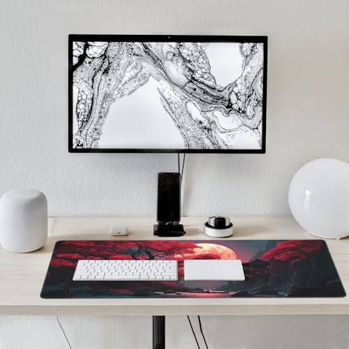 Extended Gaming Mouse Pad, Japanese Temple Scene, 35.4 x 15.7 inches, Non-Slip Base, Red Moon Design - color: Red Moon Canyon