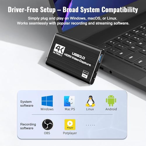 HDMI Video Capture Card 1080P 60FPS, USB 3.0 Game Capture Device | Compact & Portable for Streaming, Gaming, and Meetings, Compatible with Switch/PS4/PS5/PC/Laptop/OBS, Black