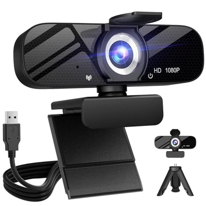 Tewiky Full HD Webcam with Built-in Microphone and Rotatable Tripod, 1080P Video and Wide Angle Camera, Privacy Cover, for Desktop PC or Laptop Computer - style: 1080P Webcam with USB Cable
