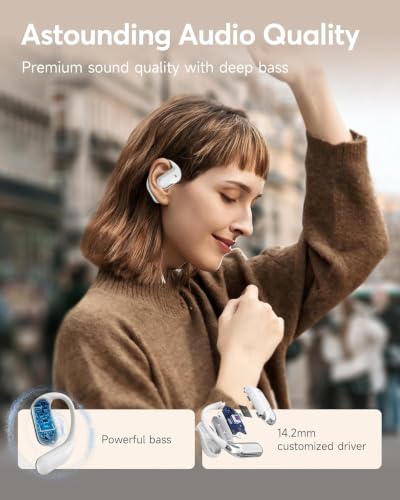Ultra Open Ear Headphones, Over Ear Bluetooth Bone Conduction Earbuds | Bluetooth 6.1, LED Digital Display, 60H Playtime, IP55 Waterproof, Secure Earhooks for Running, Cycling & Workout - color: Pearl white