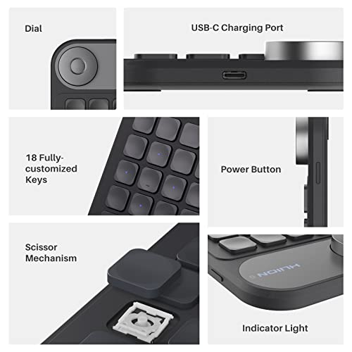 HUION Keydial Mini Bluetooth Programmable Keypad with Dial 18 Shortcut Keys | 5 Keys Anti-ghosting Macro Keypad, Wireless Shortcut Keyboard for Drawing Tablet, PC, MacBook, Surface Pro, Editing, Gaming - size: Bluetooth