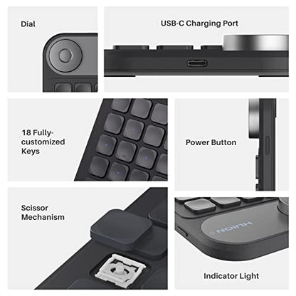 HUION Keydial Mini Bluetooth Programmable Keypad with Dial 18 Shortcut Keys | 5 Keys Anti-ghosting Macro Keypad, Wireless Shortcut Keyboard for Drawing Tablet, PC, MacBook, Surface Pro, Editing, Gaming - size: Bluetooth