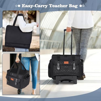 INSMEER Rolling Teacher Bag with Wheels,Wheeled Teacher Tote Bag with Insulated Lunch Bag,with Padded Laptop Compartment - color: Black
