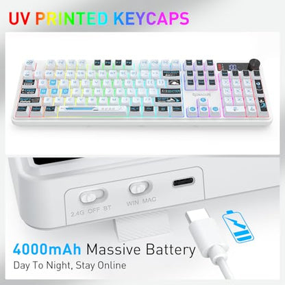 Redragon K526 PRO RGB Wireless Membrane Gaming Keyboard, 104 Keys Mechanical-Feel Keyboard w/LED Info Display, Media/Backlit Knob Control, Smooth Linear Switch & Software Supported - color: White
