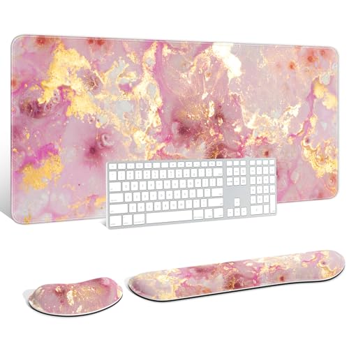 Auhoahsil Large Mouse Pad with Wrist Rests for Keyboard & Mouse, Thick Soft Ergonomic Memory Foam Wrist Supports, Big & Long Desk Mat 35.5 x 15.7 in, for Office Gaming Computer, Pink Gold Marble - color: Pink Gold Marble