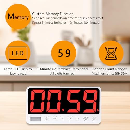 Digital Kitchen Timer - 7.1” Extra Large Display LED Magnetic Rechargeable Countdown/Up Timer, with 6 Alarms 4 Levels Volume Memory Function for Cooking, Classroom, Office, Home Gym (White) - color: White
