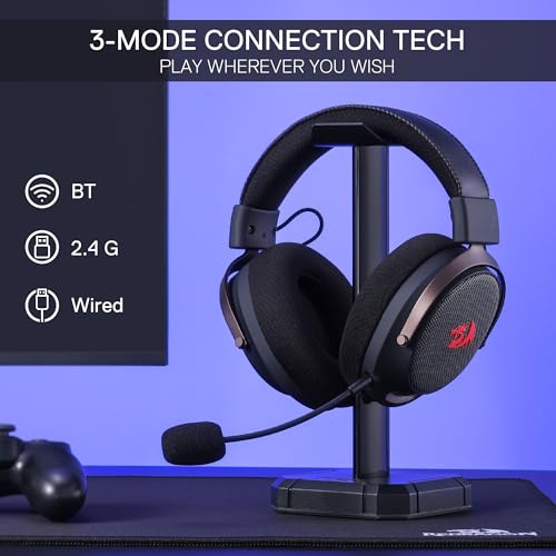 Redragon H858 3-Mode Wireless Gaming Headset, 7.1 Surround Sound, 53 mm Drivers, Memory Foam Ear Pads, Detachable Noise-canceling Microphone, Over-Ear Headphones Works for Phone, PC/PS5/NS, Black - color: Black