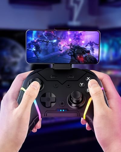 Wireless Mobile Game Controller for iPhone/iOS/Android/Switch/Laptop, Wired for PC/Steam, Cell Phone Controller Gamepad with Programmable, Turbo, Vibration, 6-Axis Gyro&RGB Lights(Phone Clip Included)