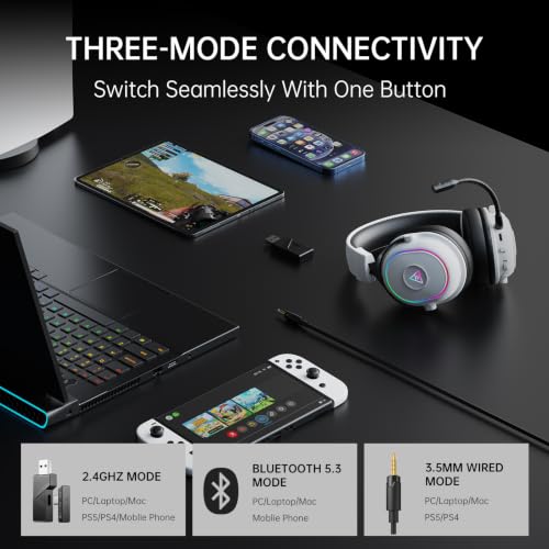 EKSA Wireless Gaming Headset with Detachable Microphone for PC,PS5,PS4 | Bluetooth Gaming Headphones with RGB, 30ms Latency, 50H Battery for Switch,Mobile,Mac,Computer, Stereo Sound Wired PC Headset - color: White