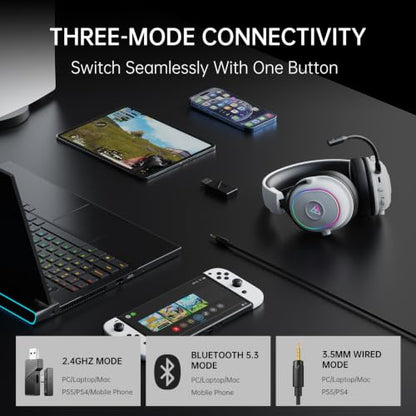 EKSA Wireless Gaming Headset with Detachable Microphone for PC,PS5,PS4 | Bluetooth Gaming Headphones with RGB, 30ms Latency, 50H Battery for Switch,Mobile,Mac,Computer, Stereo Sound Wired PC Headset - color: White