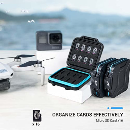 JJC Small TF Micro SD Card Case Holder for 16 Microsd Memory Cards | 16 Slots, Slim & Lightweight Design, Water-Resistant & Shockproof, Soft EVA Interior, Includes Wrist Strap, Easy to Carry - size: For 16 Micro SD