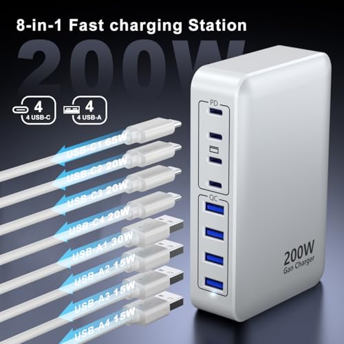 USB C Charger 200W Charger Block, 8-Ports Gan Fast Charging Station Hub, PD 65W Laptop Charging Adapter Compatible with MacBook Pro/Air, DELL, Steam Deck, iPhone 17/16/15/14, Galaxy (White) - color: White