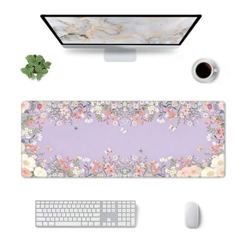 Large Gaming Mouse Pad Desk Mat, Purple Girly Floral Extended Keyboard Mouse Pad Mousepad with Non-Slip Base and Stitched Edge Mouse Mat Desk Pad Mouse Pads for Desk Home Office, 31.5 x 11.8 - color: Girly Floral Purple