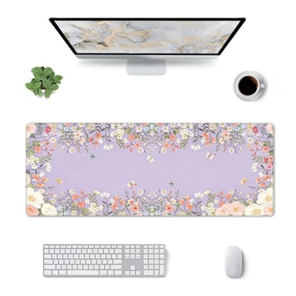 Large Gaming Mouse Pad Desk Mat, Purple Girly Floral Extended Keyboard Mouse Pad Mousepad with Non-Slip Base and Stitched Edge Mouse Mat Desk Pad Mouse Pads for Desk Home Office, 31.5 x 11.8 - color: Girly Floral Purple